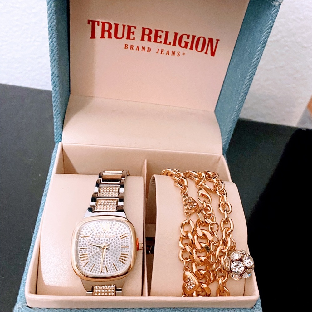True Religion Silver and Gold Crystal Studded Women’s Watch and Bracelet Set